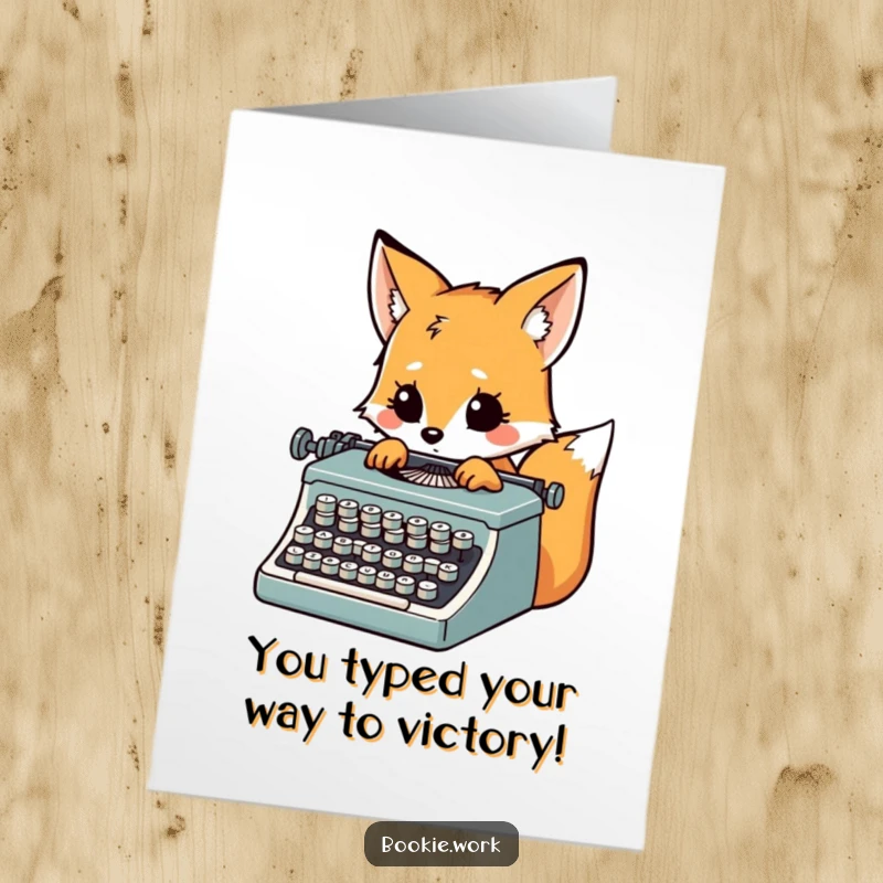 Funny Free Printable Congratulations Card: Fox typing fast on an old typewriter, feeling inspired about a recent achievement.