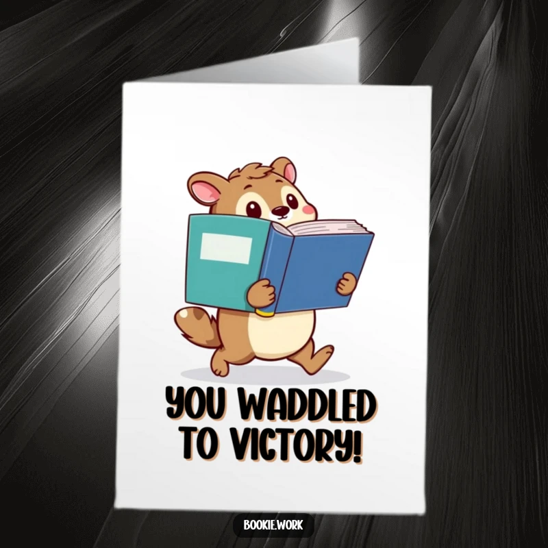 Funny Free Printable Congratulations Card showing a determined animal waddling with a giant dictionary, celebrating learning.