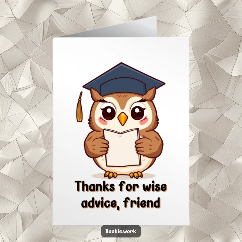 Funny Free Printable Thank You Card: Friendly owl in a graduation cap presenting a novel, conveying heartfelt thanks.