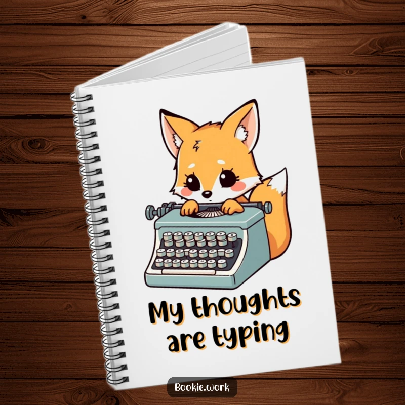 Funny fox character typing furiously on a vintage typewriter, looking inspired, on the cover of a notebook.
