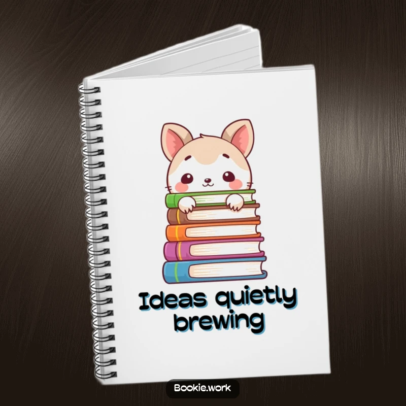 Funny notebook with a shy animal character peeking from behind books, perfect for jotting down ideas and reading notes.