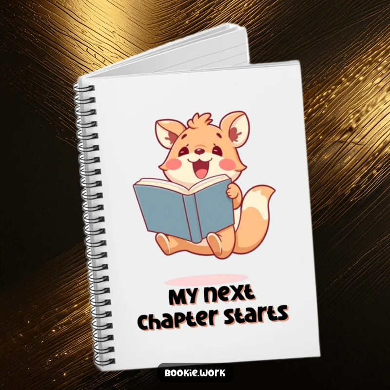 Funny notebook featuring a cute animal character jumping excitedly with a large book, perfect for notes and literary ideas.
