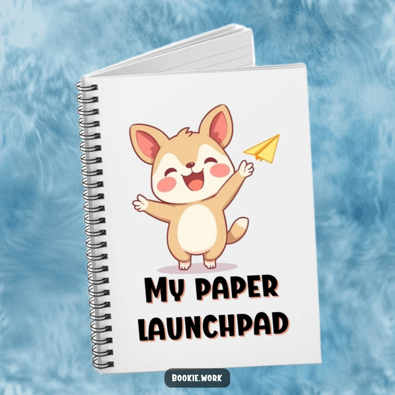 Funny notebook cover featuring a joyful animal publisher character releasing a paper airplane, inspiring creativity and imaginative writing.