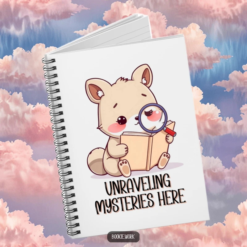 Funny notebook with a thoughtful animal character reading a large book with a magnifying glass, ideal for notes and research.