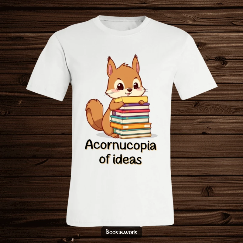 Funny squirrel meticulously organizing a towering stack of colorful manuscripts, on a creative t-shirt.
