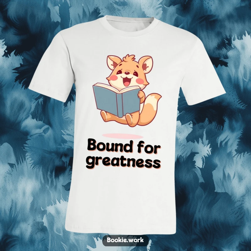 Funny t-shirt with a cute animal character gleefully jumping high, clutching a large book, symbolizing reading excitement, perfect for book lovers.