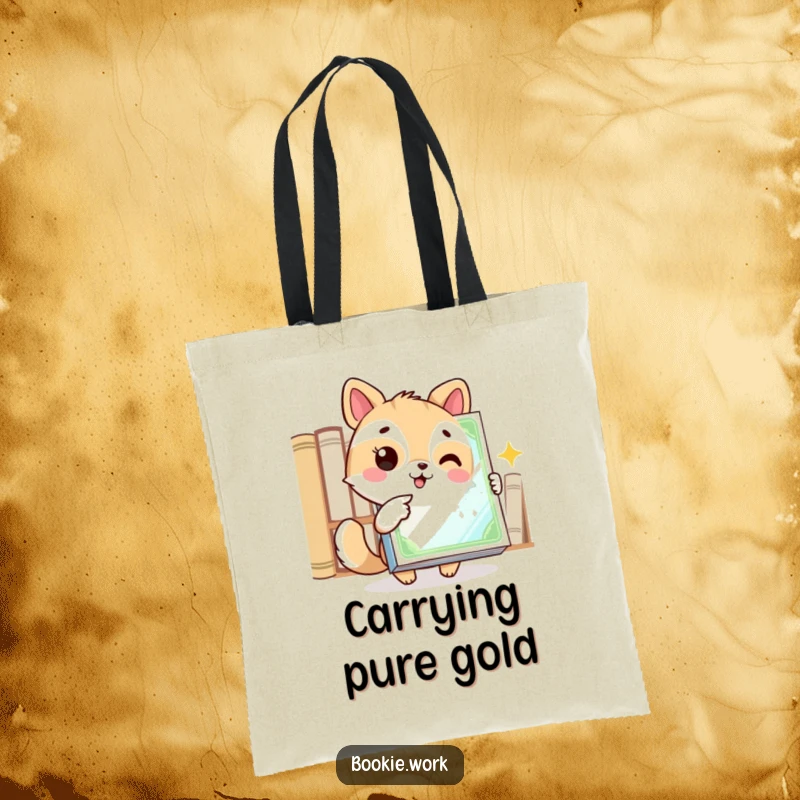 Funny tote bag showcasing an excited animal character pointing at a gleaming book cover, perfect for carrying books and literary excitement.
