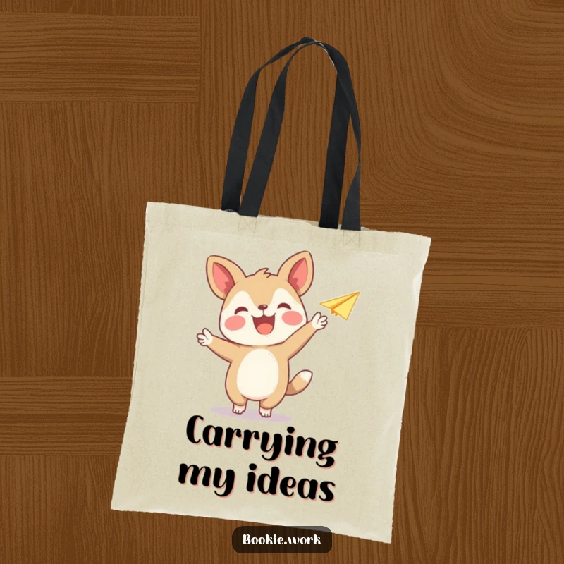 Funny tote bag featuring a joyful animal publisher character releasing a paper airplane, perfect for carrying essentials with flair.