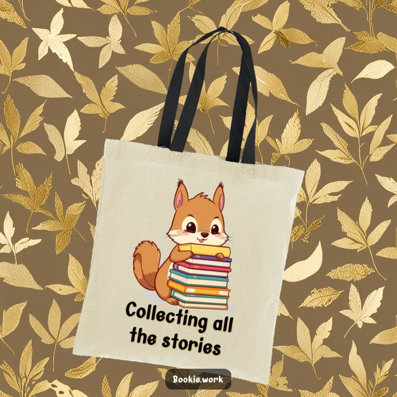 Funny squirrel meticulously organizing a towering stack of colorful manuscripts, on a stylish tote bag.